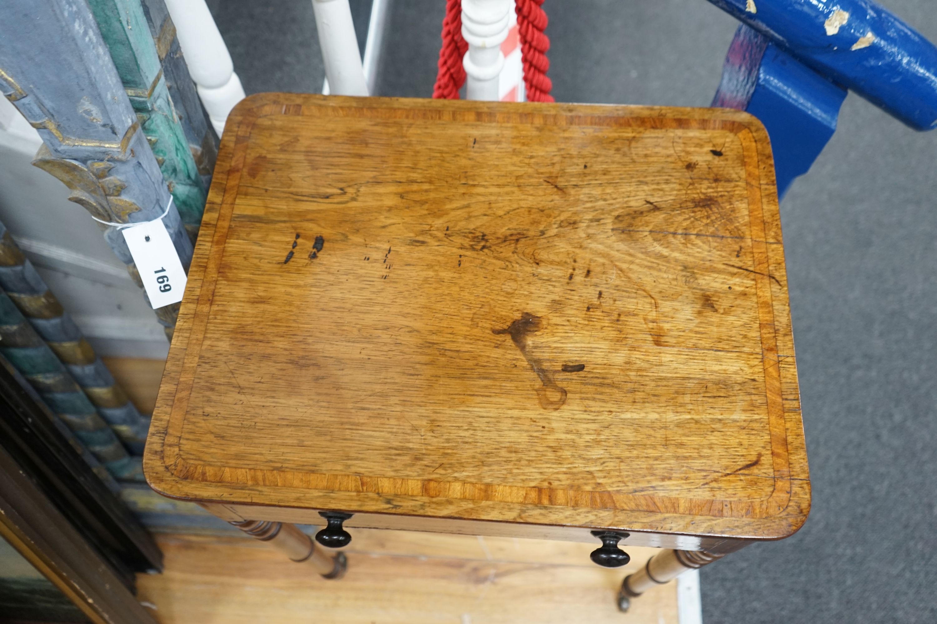 A Regency banded rosewood centre table, width 49cm, depth 38cm, height 73cm
